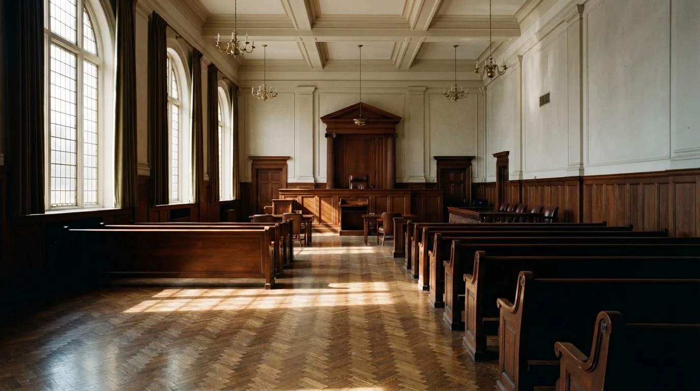 Una sala de tribunal vacía con bancos de madera a la luz de la mañana