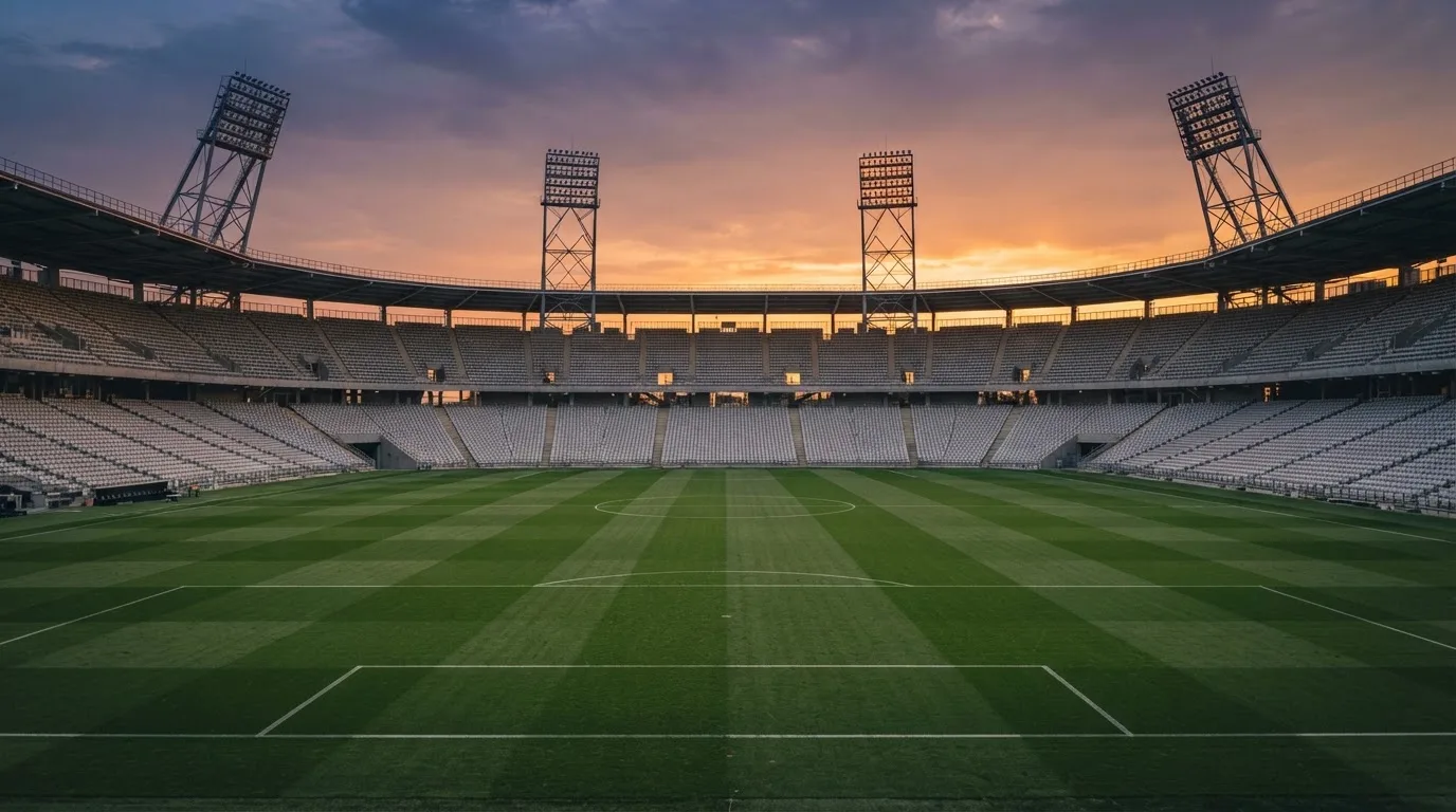 Un estadio de fútbol vacío con torres de iluminación al atardecer