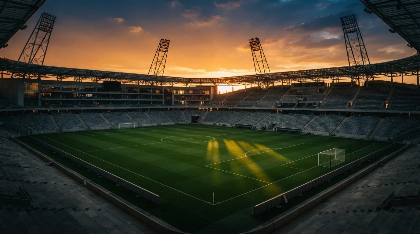 Un estadio de fútbol vacío con torres de iluminación al atardecer