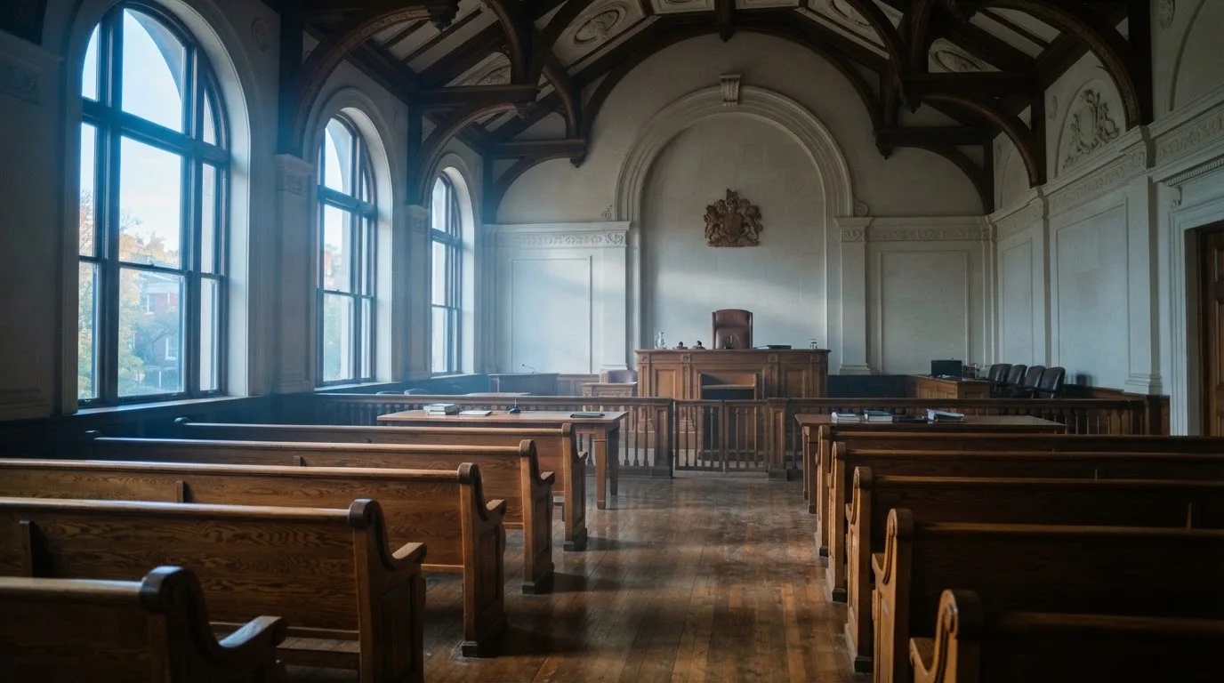 Una sala de tribunal vacía con bancos de madera a la luz de la mañana