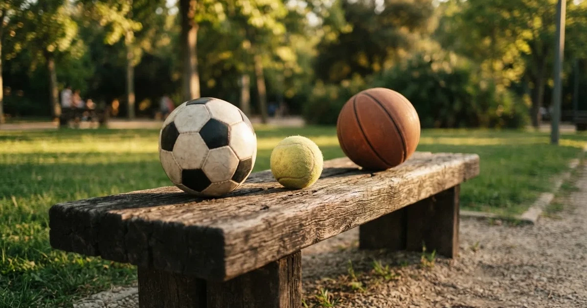 Tres balones de distintos tipos, uno junto a otro, sobre un banco de madera