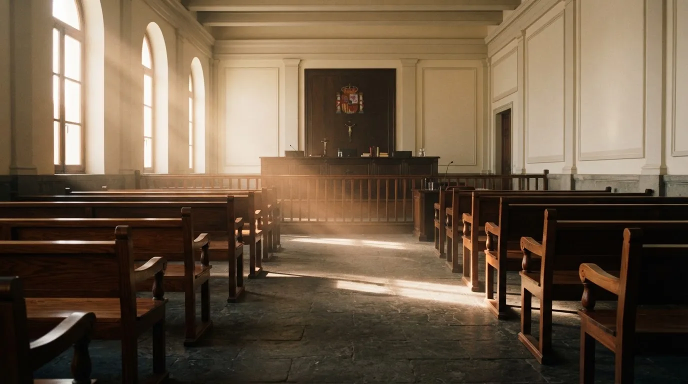 Una sala de tribunal vacía con bancos de madera a la luz de la mañana