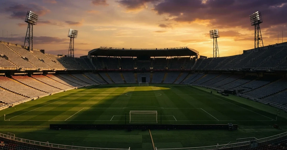 Un estadio de fútbol vacío con torres de iluminación al atardecer