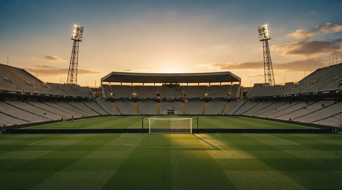Un estadio de fútbol vacío con torres de iluminación al atardecer