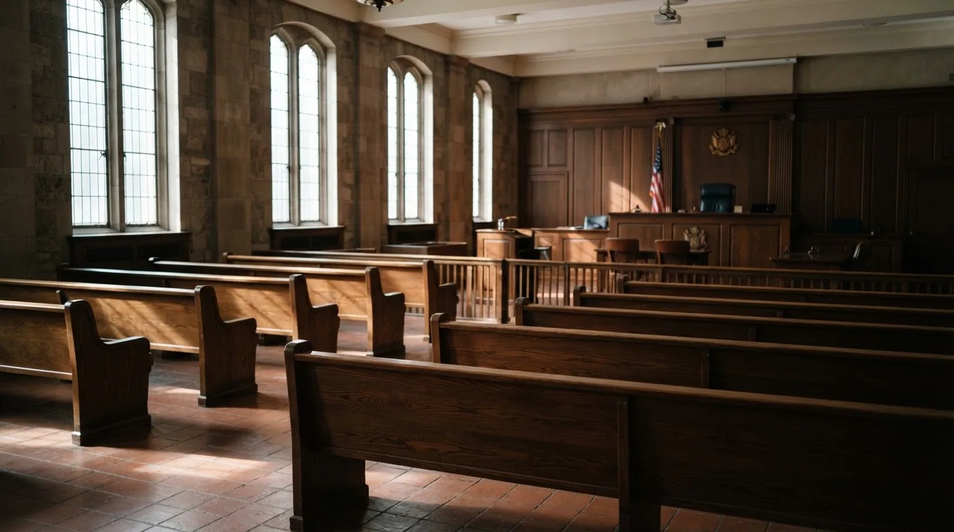 Una sala de tribunal vacía con bancos de madera a la luz de la mañana