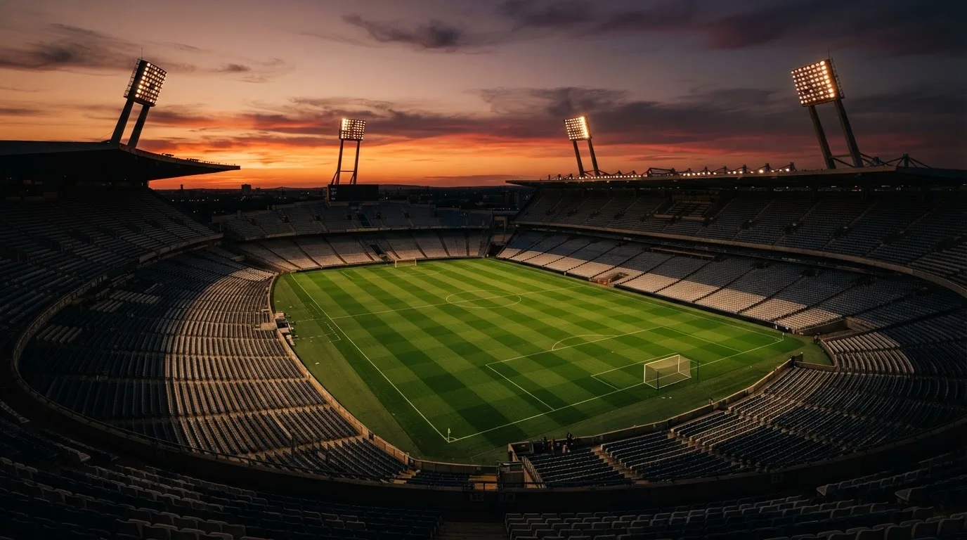 Un estadio de fútbol vacío con torres de iluminación al atardecer