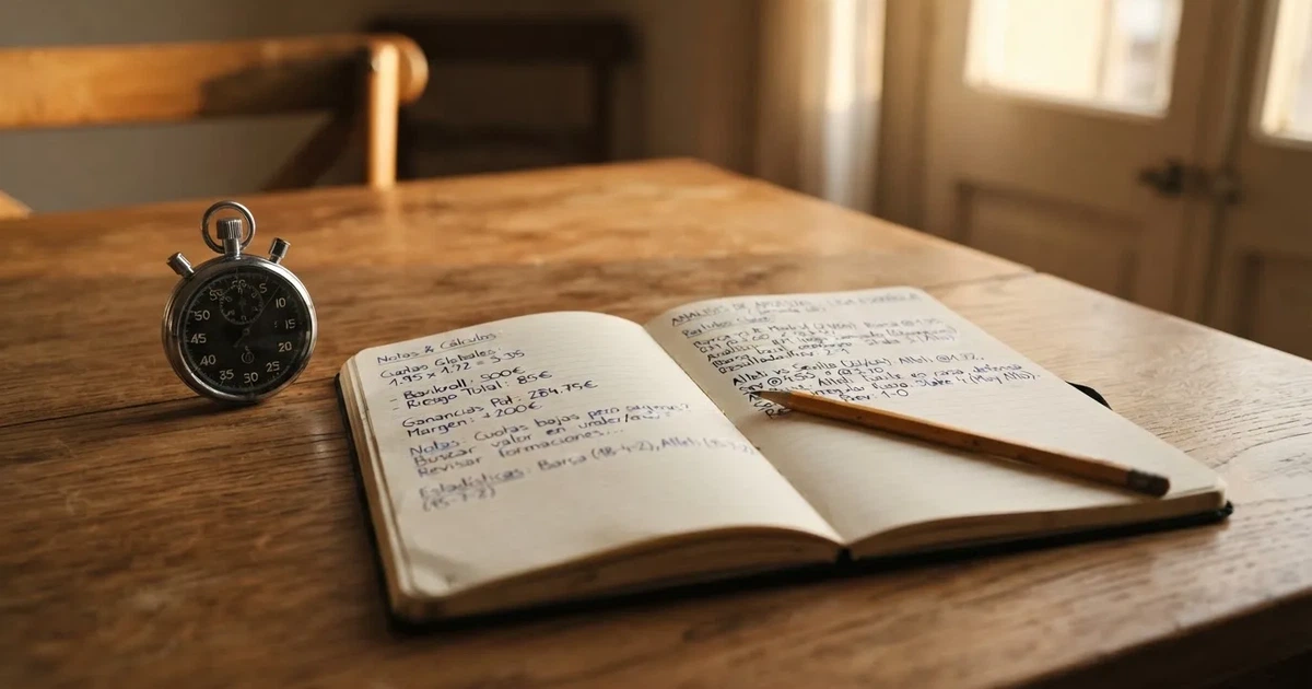 Un cuaderno abierto con un lápiz y un cronómetro sobre una mesa de madera