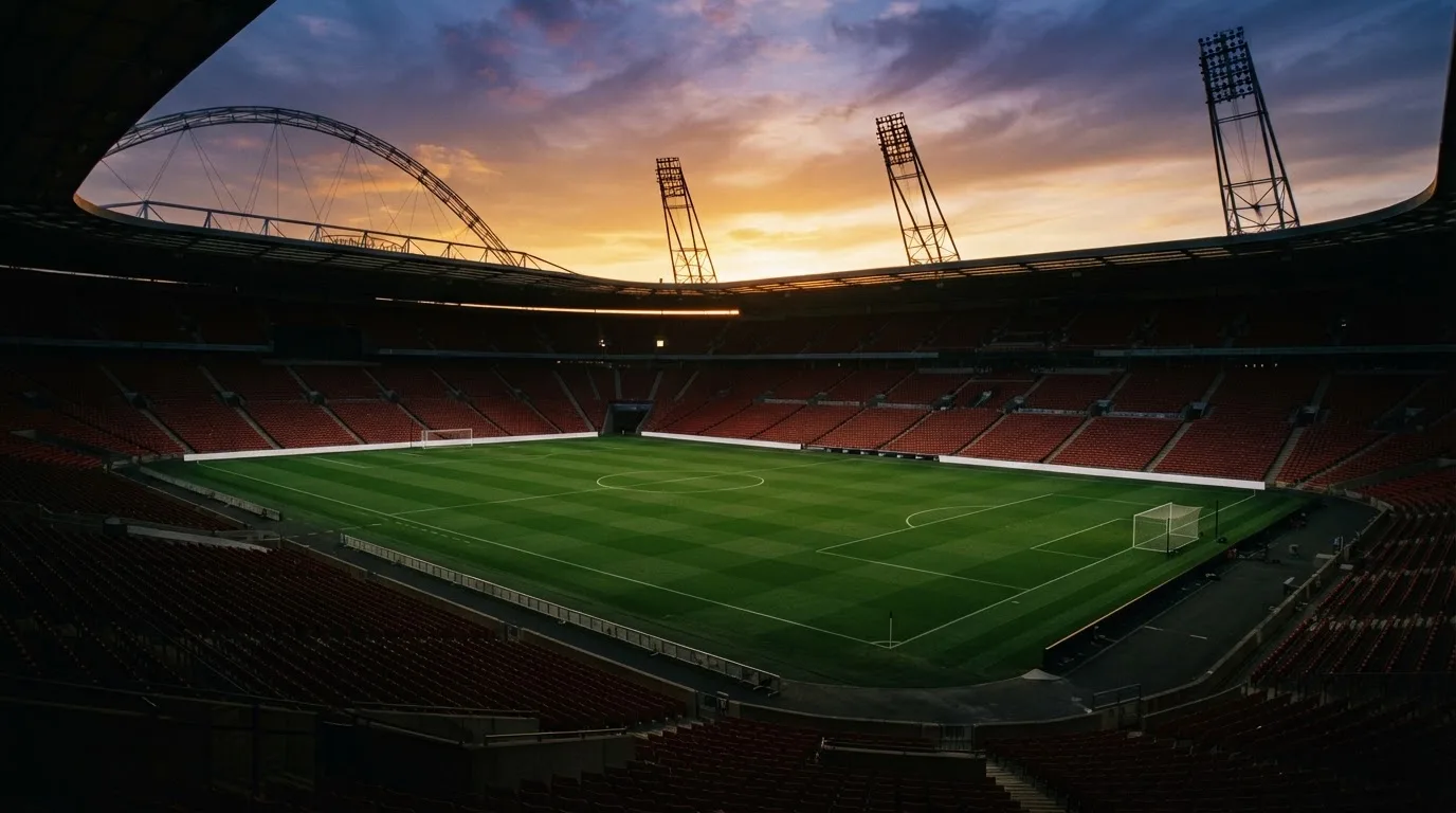 Un estadio de fútbol vacío con torres de iluminación al atardecer
